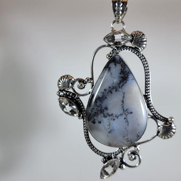 Sterling Silver Pendant with Dendritic Opal & Clear Quartz – Artisan Gem Jewelry - Picture 2 of 10
